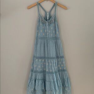 Anthropologie Lace Tiered Midi Dress Pockets Light Blue Small Boho Fairy Flowy